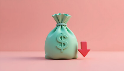 Financial loss and currency devaluation concept with money bag and downward arrow for economic news blog header
