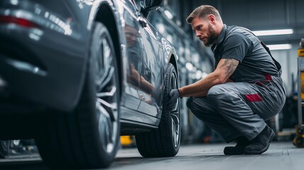 Male mechanic inspecting front tire in automotive repair shop