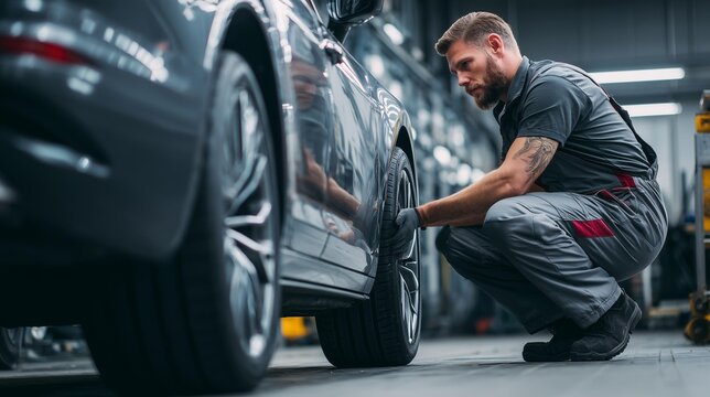 Male mechanic inspecting front tire in automotive repair shop