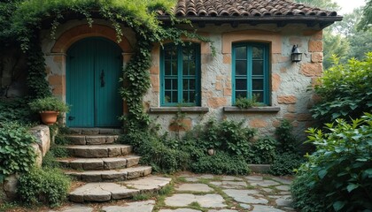 Weathered stone house entrance with teal door and green vine growth. Old stone steps lead to the rustic dwelling. Rich green plants surround the aged building.