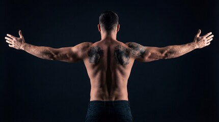 Muscular male with tattoos showcasing strong athletic physique and fitness in a professional studio setting emphasizing health, strength, and body image