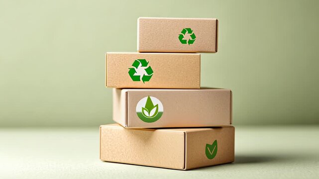 Eco-friendly packaging boxes with recycle symbol on green background