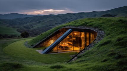 A house with a green roof and a glass door