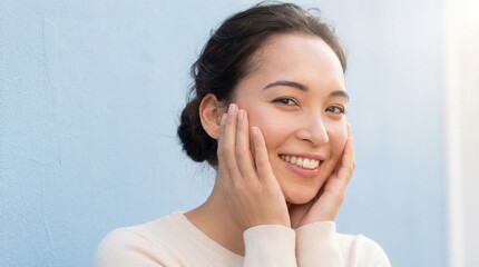 Beautiful woman smiling with joyful expression, showcasing radiant skin and cheerful demeanor in a professional portrait for commercial use