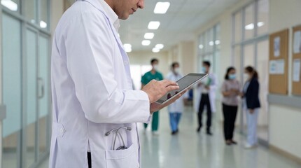 Medical professional using tablet in hospital corridor with patients and staff, showcasing healthcare, doctor, clinic, treatment, and medical environment