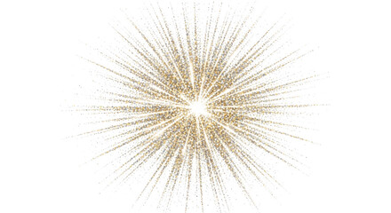 Golden glitter explosion bursting outwards with white streaks and particles isolated on a transparent background