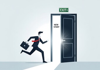 Businessman runs towards an open door labeled "New Start" with an exit sign.