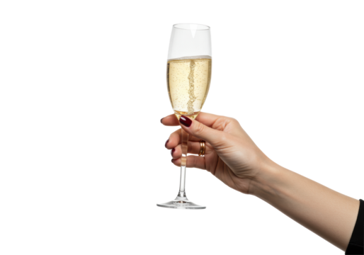 Elegant woman's hand (30s-40s) with glossy burgundy nails, gold ring, gently holding bubbling champagne flute, isolated on transparent background, copy space. Concept of luxurious celebration - Powered by Adobe