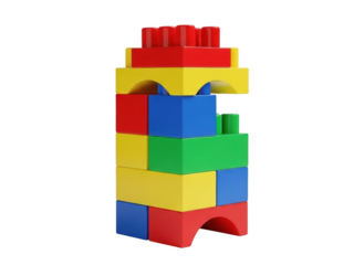 Stacked colorful building blocks forming a tower structure isolated on a transparent background plastic