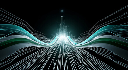 Abstract image featuring radiant light source with numerous linear extensions, representing connectivity, network, and data flow on dark background