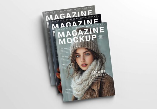 hree Magazine Covers Pile on White Background Mockup