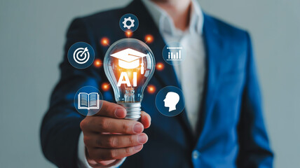 Man holding lightbulb with AI and education icons representing artificial intelligence in learning image