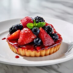 A plate of fruit and a pastry on a marble table