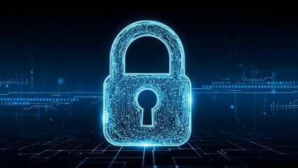 Glowing blue digital padlock with circuit board design on a dark background with neon lines representing cybersecurity and data protection concepts with security concept