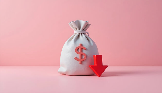 Economic recession and financial loss concept with decreasing red arrow and money bag for stock market crash news banner