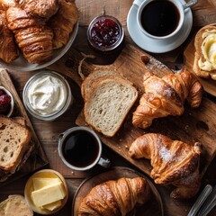 A table topped with bread, butter, butter, jam, and butter butte