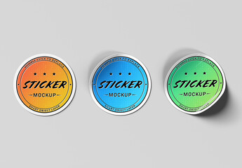 Three Isolated Rounded Curled Stickers Mockup