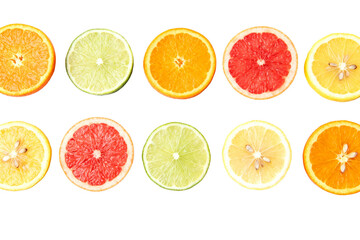 Fototapeta premium Assortment of Fresh Citrus Fruit Slices on White