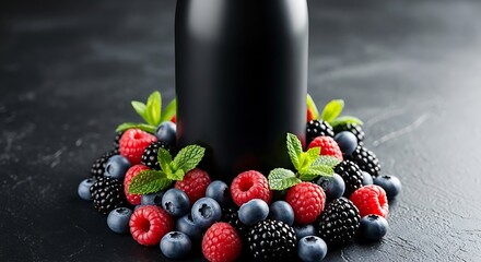 Dark bottle surrounded by fresh berries and mint leaves.