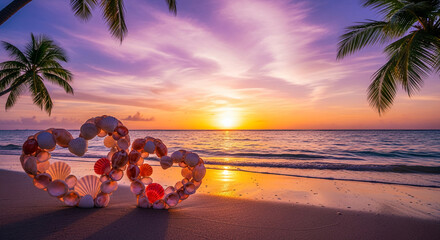 Beach scene with two heart shapes composed of shells, against a colorful sunset background with palm tree, representing love and tropical destination