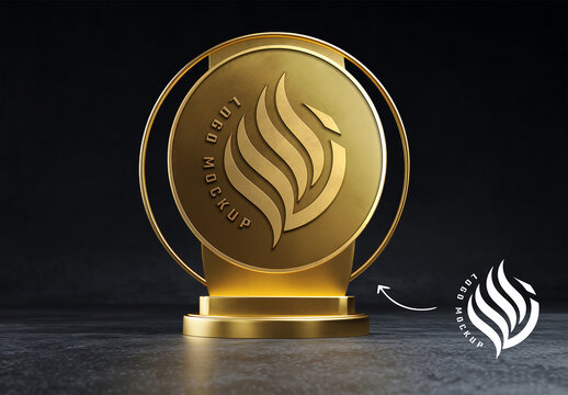 Golden Medal Logo Mockup On Black Background