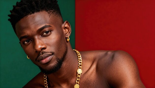 Confident man with gold jewelry against vibrant green and red background