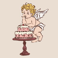 Colorful vector illustration of a cute Cupid angel with cake. Romantic love symbol perfect for Valentines Day cards, wedding designs, posters, invitations and festive decor.