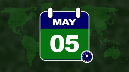Calendar showing May 5th with a world map backdrop and a clock date - Powered by Adobe