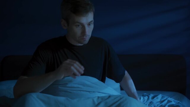 Young man suddenly wakes up in middle of the night, startled and breathing heavily, struggling with insomnia and anxiety as he sits upright in his dim blue-lit bedroom. Sleep disorder, night terror