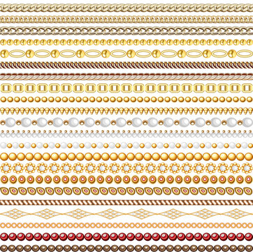 Illustration seamless pattern gold jewelry chains and beads borders isolated on white