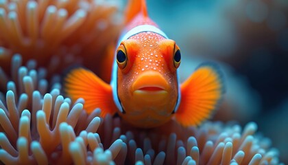 Fototapeta premium Bright orange clownfish with white spots swims in soft coral reef. Small marine animal faces forward in shallow aqua water near anemone tentacles. Underwater sea life nature.