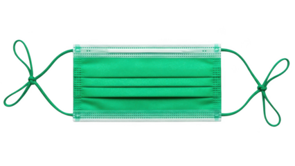 Green pleated disposable face mask with elastic ear loops tied in knots isolated on a transparent background