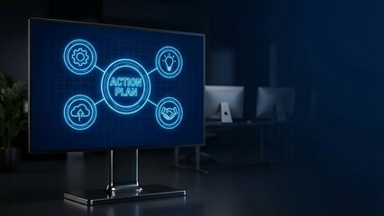 Innovative Technology Display, Action Plan Visualization, Modern Office, Digital Content, Dark Environment, Side View, Futuristic Concept