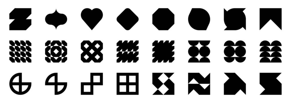 Retrofuturistic y2k geometry design elements collection, collection of abstract graphic geometric symbols and objects, Templates for notes, posters, banners, stickers, business cards, logo.
