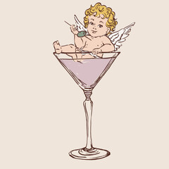 Colorful vector illustration of a cute Cupid angel in cocktail. Romantic love symbol perfect for Valentines Day cards, wedding designs, posters, invitations and festive decor.