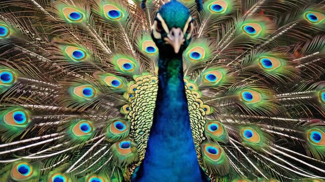 Elegant motion of the peacock's tail fanning out in a richly detailed tropical forest at sunset