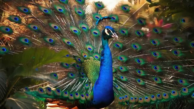 Elegant motion of the peacock's tail fanning out in a richly detailed tropical forest at sunset
