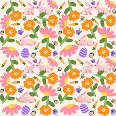 Seamless Easter pattern with cute bunnies, spring flowers, leaves, carrots and decorative eggs. Vector illustration for festive textiles and wrapping paper.