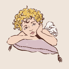 Colorful vector illustration of a cute Cupid angel with pillow. Romantic love symbol perfect for Valentines Day cards, wedding designs, posters, invitations and festive decor.