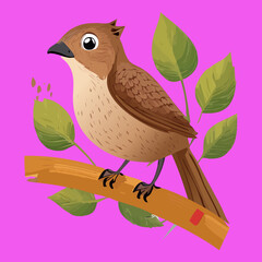 Cute brown bird illustration perched on a wooden branch with green leaves against a bright pink background