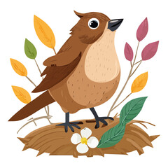 Brown sparrow bird perched on a branch with autumn leaves and white flowers in a soft natural style