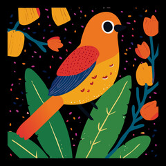 Colorful exotic bird illustration with orange feathers and blue wings sitting among vibrant tropical flowers and leaves