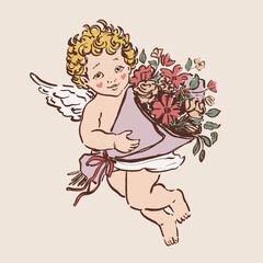 Colorful vector illustration of a cute Cupid angel with flower bouquet. Romantic love symbol perfect for Valentines Day cards, wedding designs, posters, invitations and festive decor.