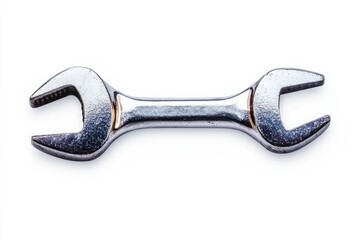 Shiny metallic double-ended wrench on solid white background. Chrome surface reflects light, showcasing tools craftsmanship. Neural network AI generated