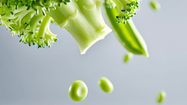Floating freshness: levitation of broccoli, snap peas, and edamame on gray background