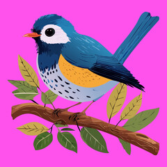 Vibrant blue bird perched on a branch with pink flowers and lush green foliage in spring season