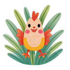 Funny orange chicken character with green wings standing in a garden with colorful plants and flowers