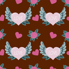 Romantic vector seamless pattern with pink hearts with wings and roses, perfect for Valentine day card, decoration, wedding invitation.