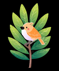 Orange and cream bird perched on a branch with large green tropical leaves in a minimalist style