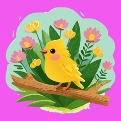 Cute yellow bird perched on a branch surrounded by pink and yellow flowers in a lush garden illustration